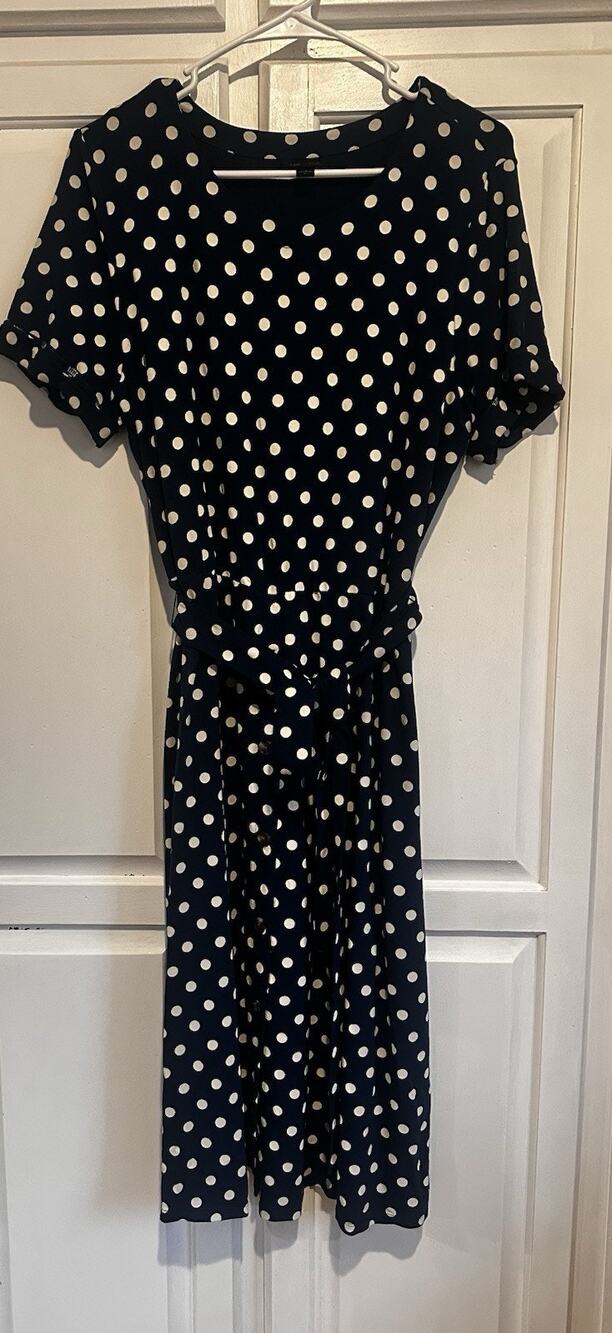 J Jill Wearever Size Large Polkadot Midi Dress Classic Belted Button Blue